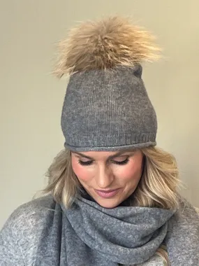 Grey cashmere plain knit beanie with fur pom