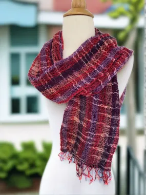 Handwoven Open Weave Cotton Scarf - Multi Plum-Red-White