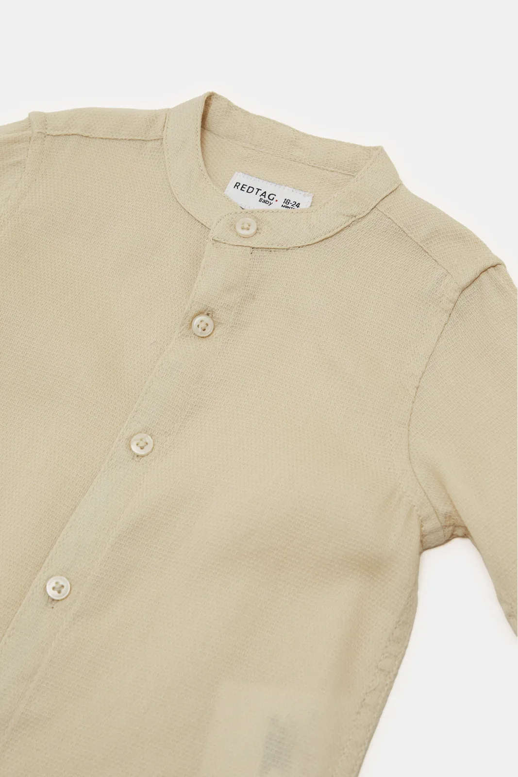 Infant Boys Beige Full Button Down Dobby Mandarin Kurta