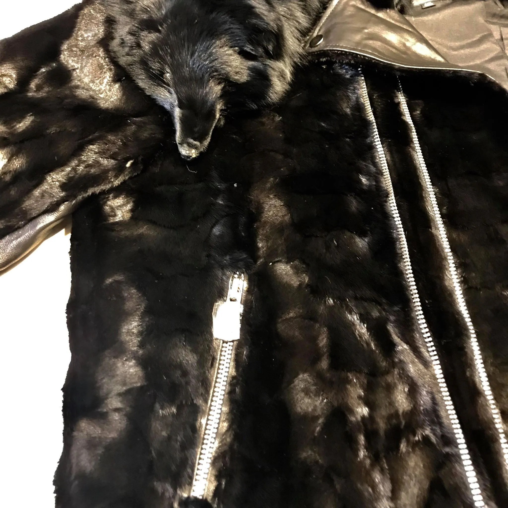 Kashani Mink Black Detachable Fox Collar Bomber Jacket