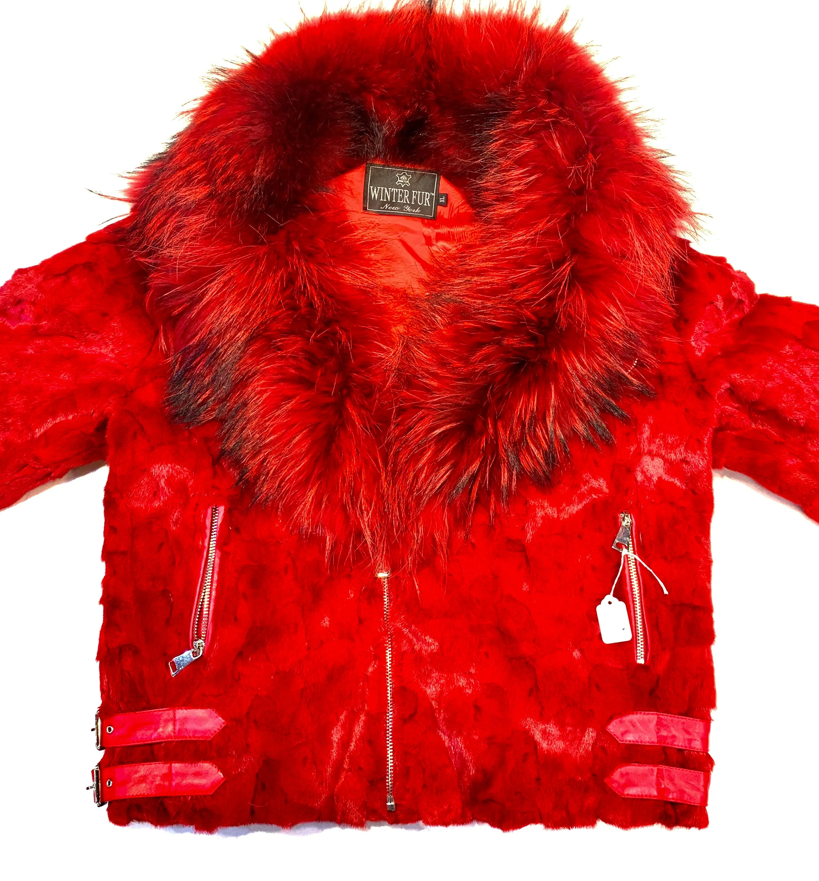 Kashani Mink Red Detachable Fox Collar Biker Jacket