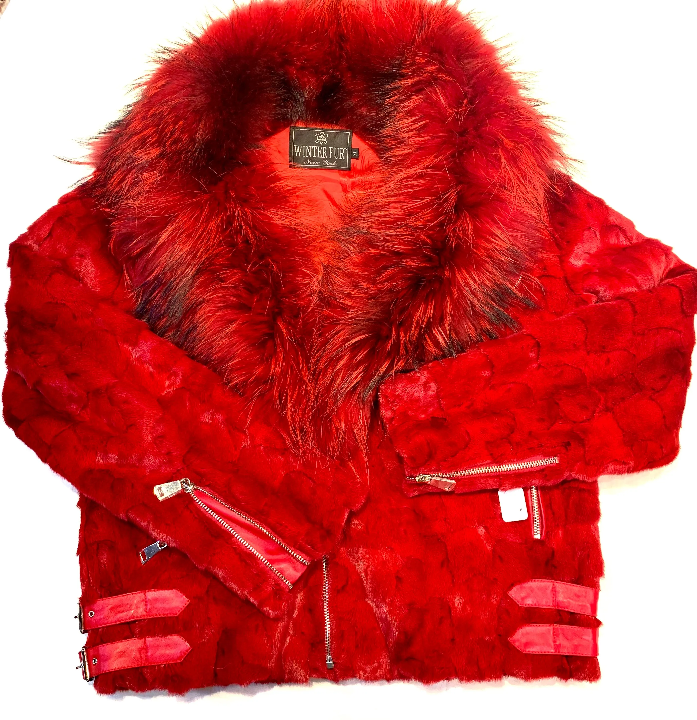 Kashani Mink Red Detachable Fox Collar Biker Jacket