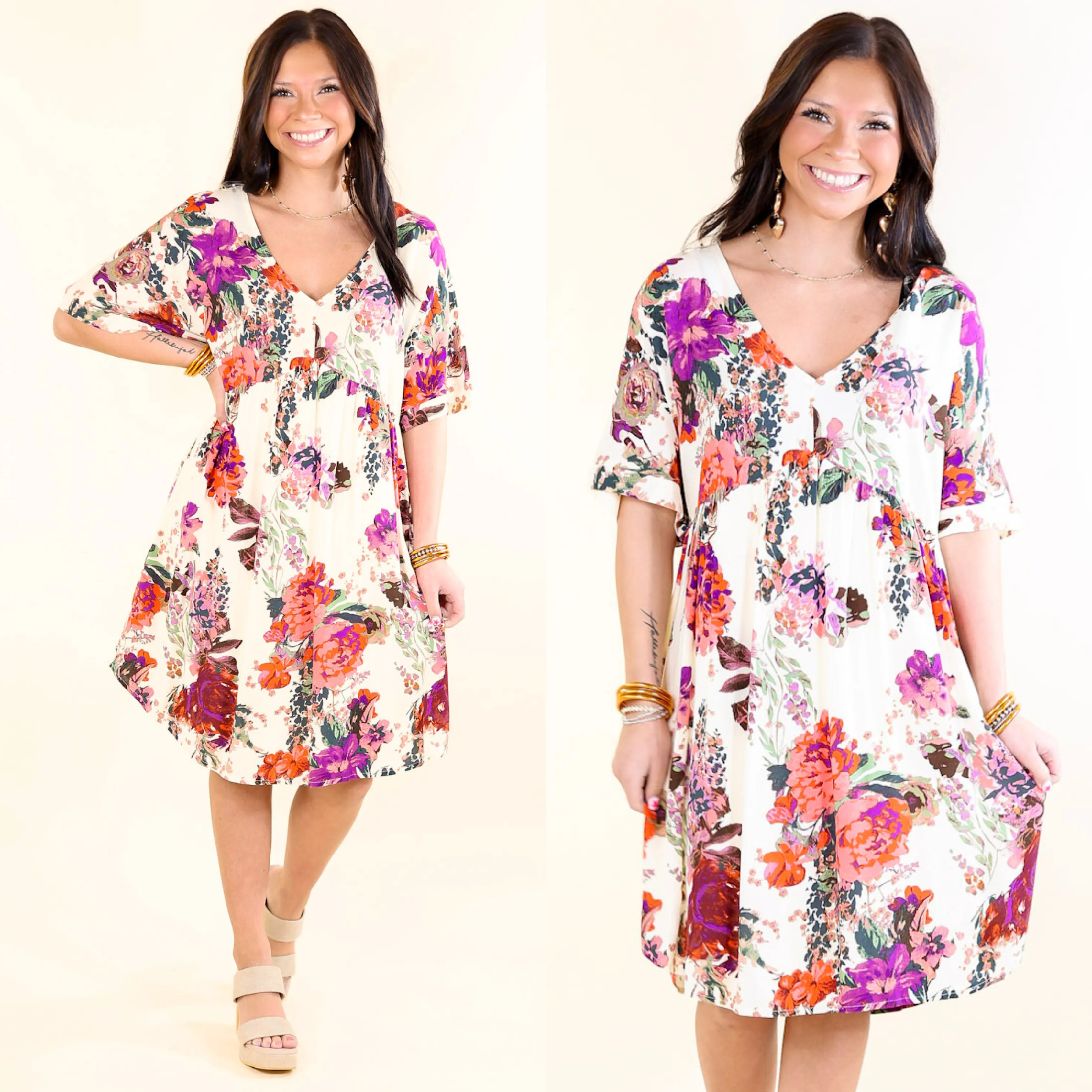 Keep It On V Neck Floral Babydoll Dress in Ivory