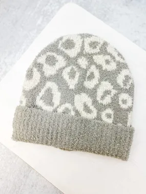 Kids Luxury Cozy Printed Beanie - Gray Leopard