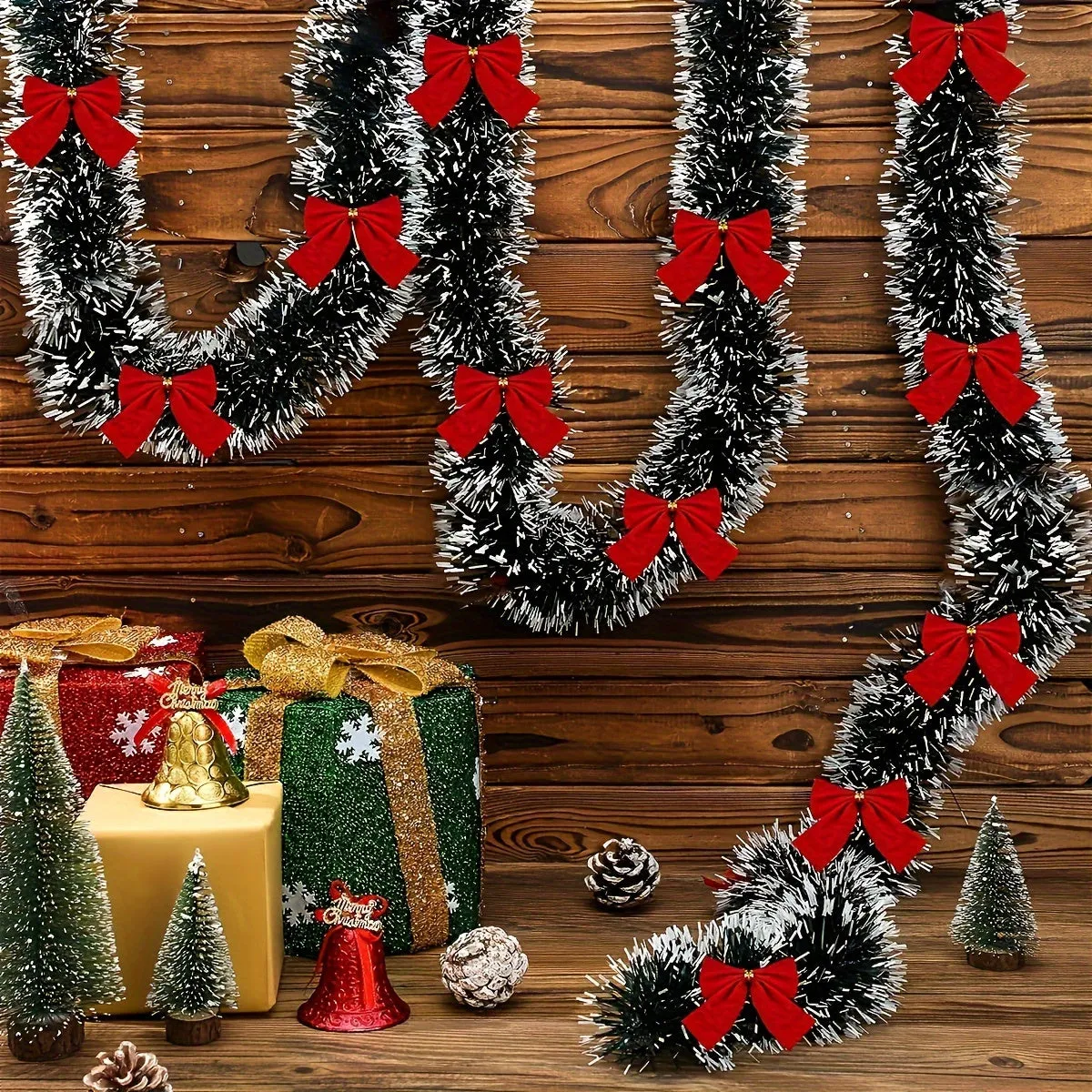 kkboxly 1 Set, 30LED Christmas Tinsel Garland Artificial Christmas Garland With LED Lights Battery Xmas Metallic Twist Hanging Garland Fireplace Mantel Wreath Decor For Staircase Railing Indoor Outdoor Ornaments