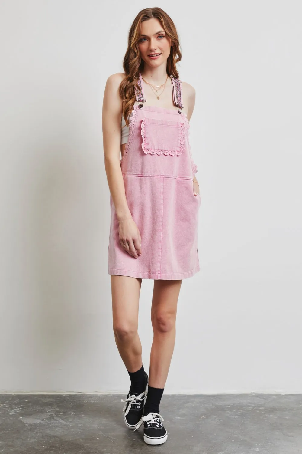 Lace Trim Washed Overall Dress