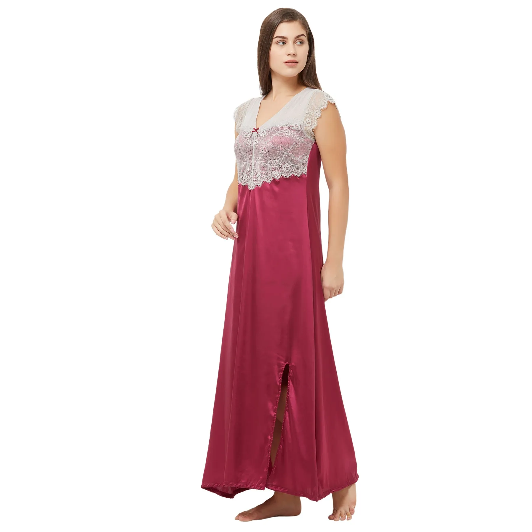 Laced Satin Full Length Nighty-NT-81