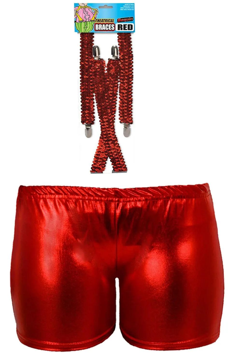 Ladies Christmas Red Metallic Hot Shorts Sequin Sparkly 2 Pcs Xmas Fancy Dress