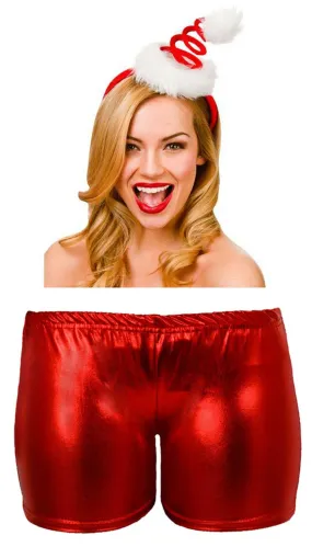 Ladies Christmas Santa Spiral Headband Metallic Shiny Hot Pants Xmas Fancy Dress