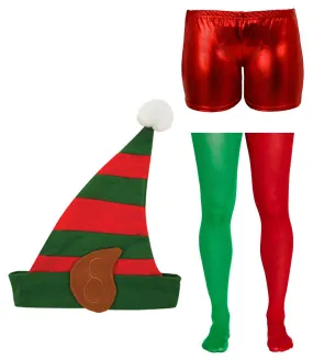 Ladies Elf Red Green Santa Tights Metallic Mini Shorts Headbopper Xmas Fancy Dre