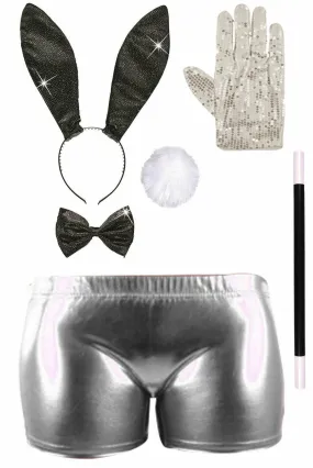 Ladies Glitter Bunny Set Shorts Gloves Wand Hen Night Fancy Dress Costume