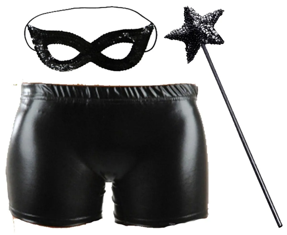 Ladies Shiny Metallic Hot Shorts Sequin Wand with Sequin Black Face Mask Party Fancy Dress