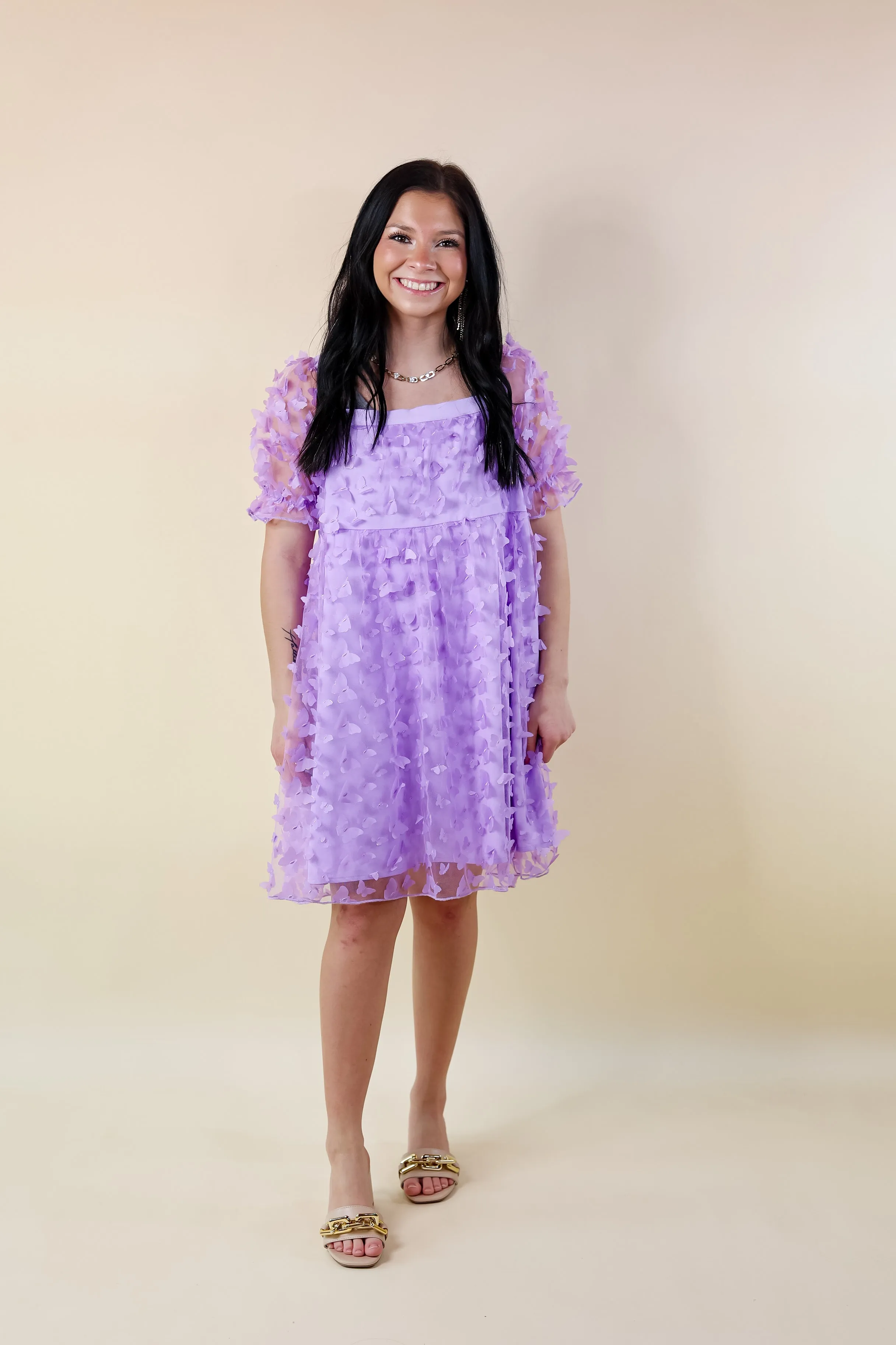 Last Chance Size Small | Sweetest Rush Butterfly Print Babydoll Dress in Lavender Purple