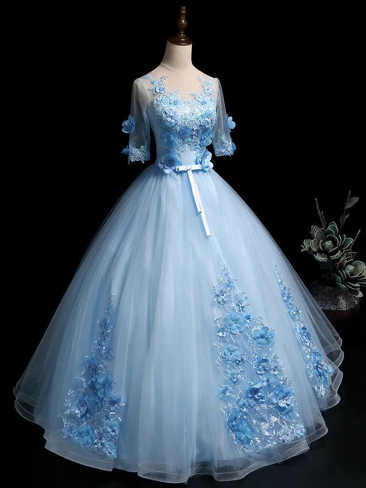 Light Blue Ball Gown with Sleeves Party Dress, Blue Sweet 16 Dress