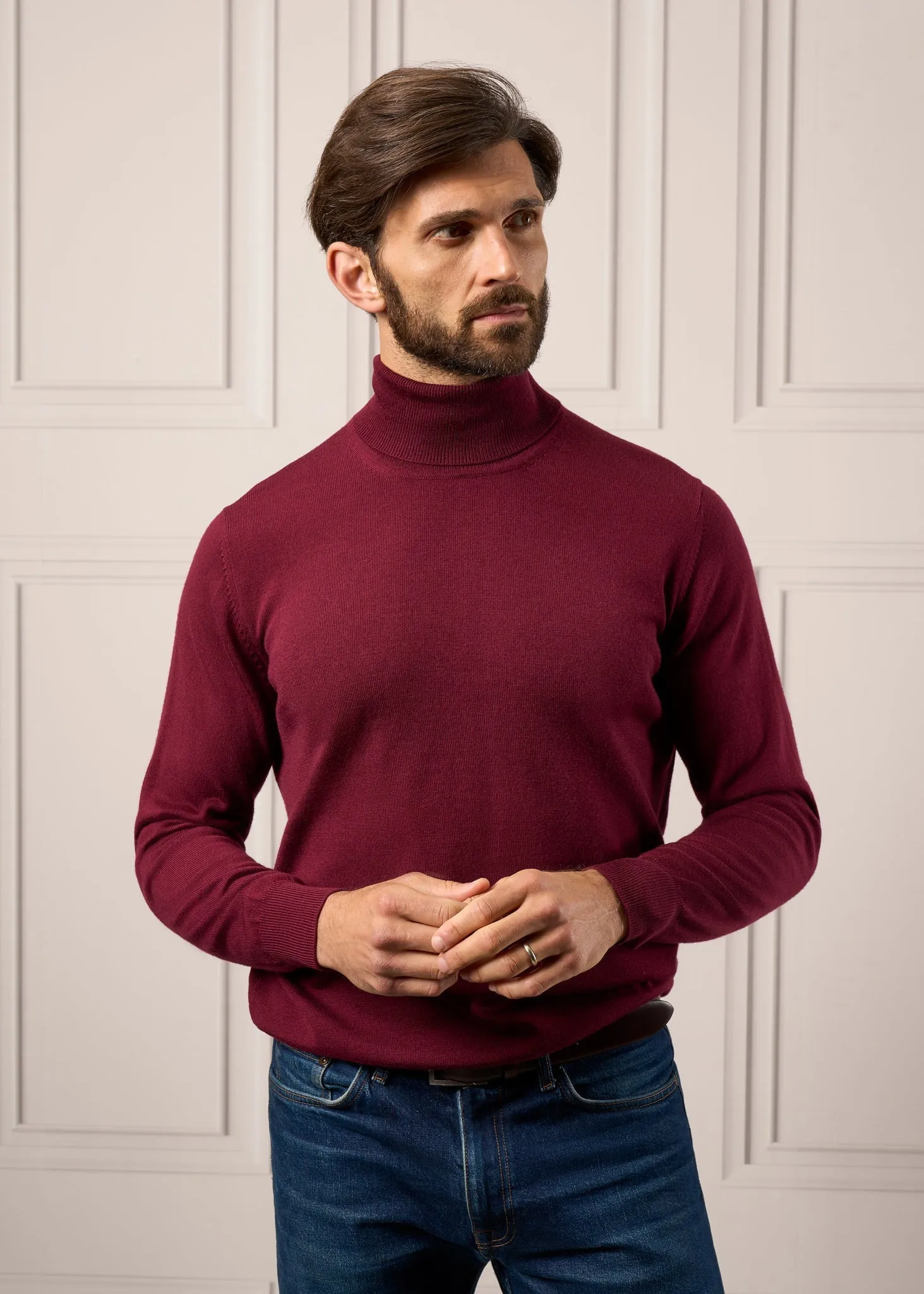 Linton Merino Wool Roll Neck Jumper in Bordeaux - Regular Fit