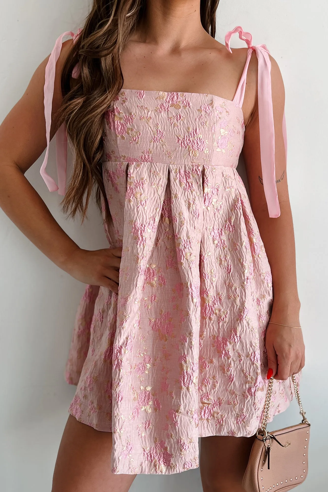 Lost In A Fairytale Tie-Strap Floral Babydoll Dress (Pink/Gold)