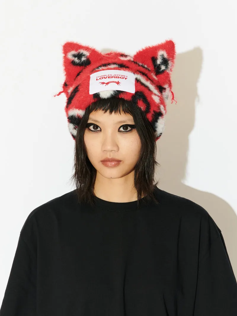 LOVERBOY BY CHARLES JEFFREY FLUFFY CHUNKY EARS BEANIE LEOPARD RED