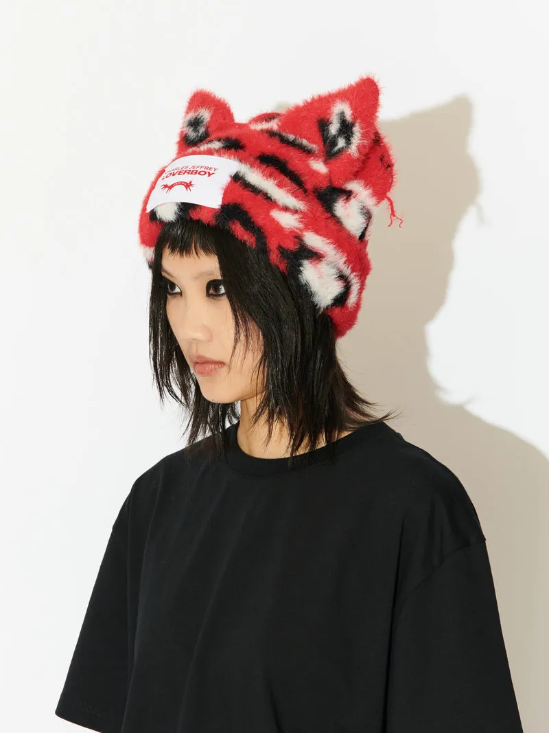 LOVERBOY BY CHARLES JEFFREY FLUFFY CHUNKY EARS BEANIE LEOPARD RED