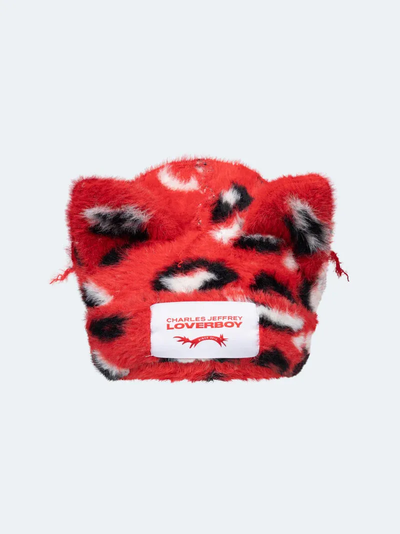 LOVERBOY BY CHARLES JEFFREY FLUFFY CHUNKY EARS BEANIE LEOPARD RED