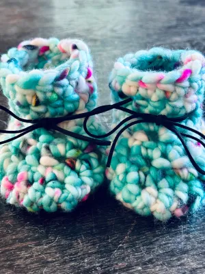 Luxury newborn crochet merino booties baby shower gift new mom cute hand dyed teal funky yarn