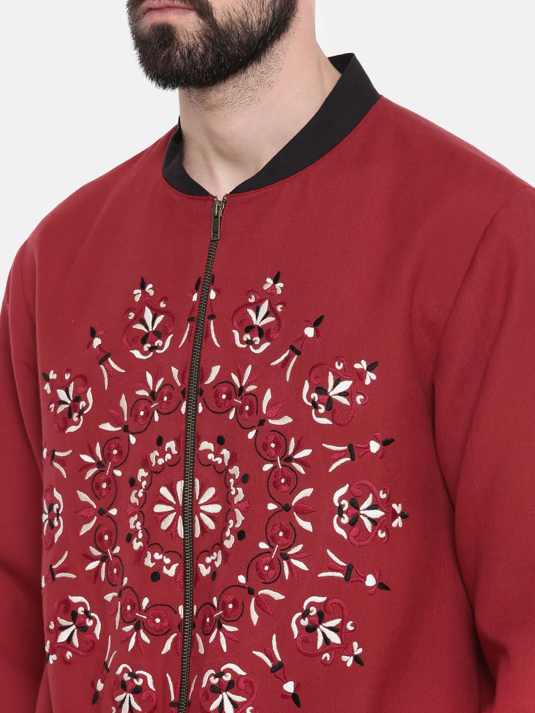 Mandala Embroidery Red Bomber Jacket - MMBJ010