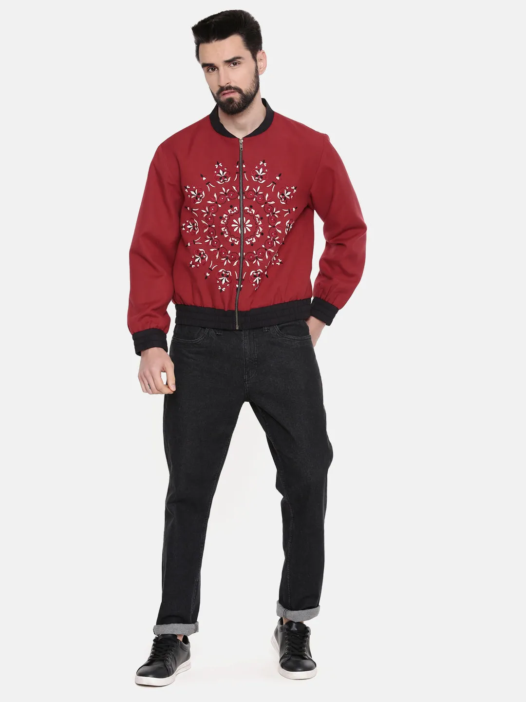 Mandala Embroidery Red Bomber Jacket - MMBJ010