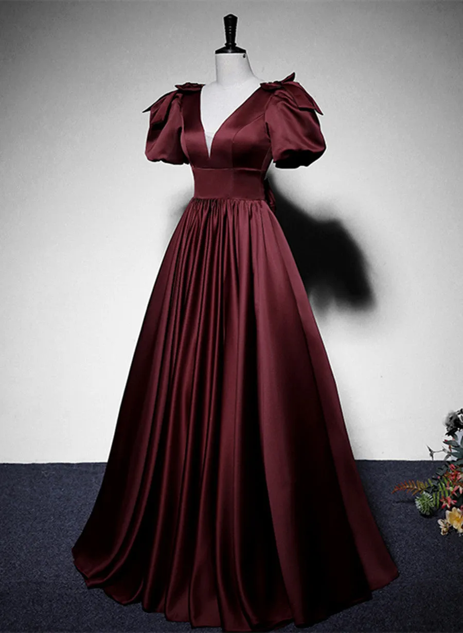 Maroon Satin Short Sleeves Low Back Long Prom Dress, Maroon Evening Dress