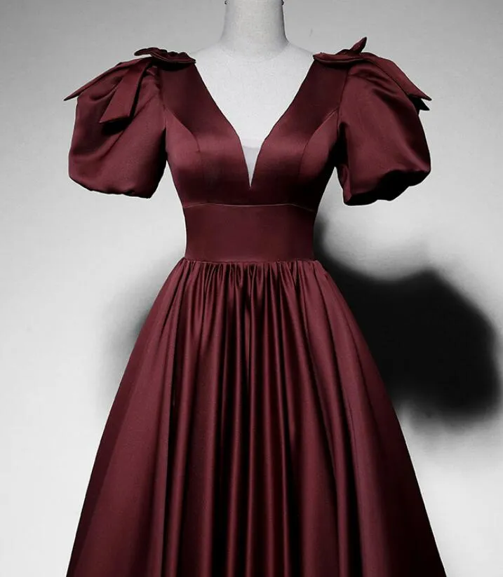 Maroon Satin Short Sleeves Low Back Long Prom Dress, Maroon Evening Dress