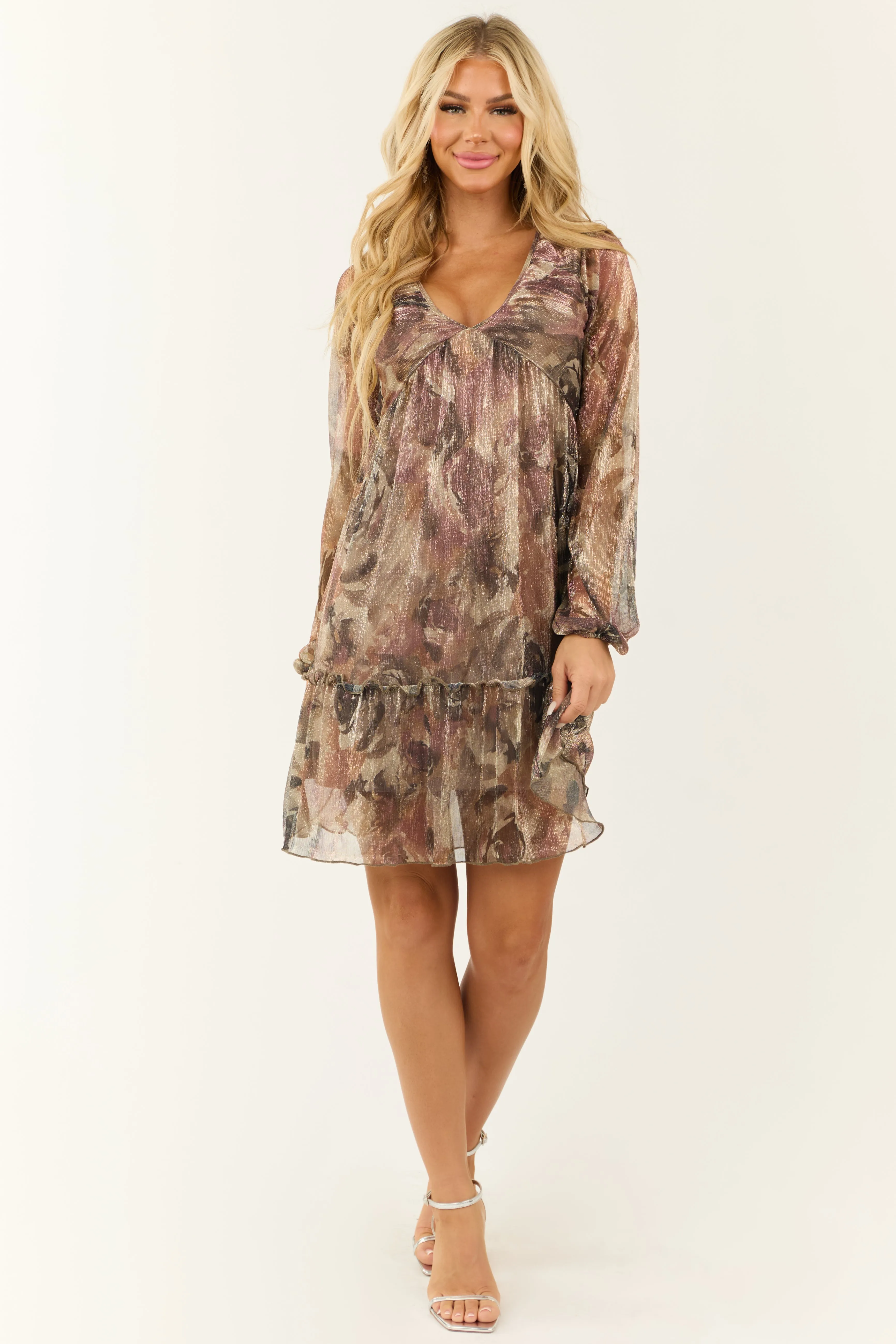 Mauve Floral Print Plunging Neckline Short Dress