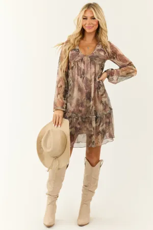 Mauve Floral Print Plunging Neckline Short Dress