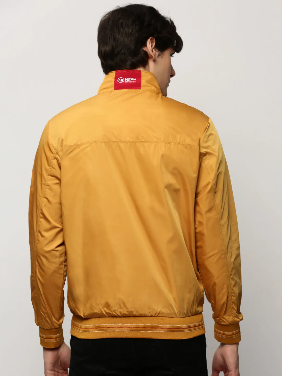 Men Yellow Solid Casual Bomber Jackets