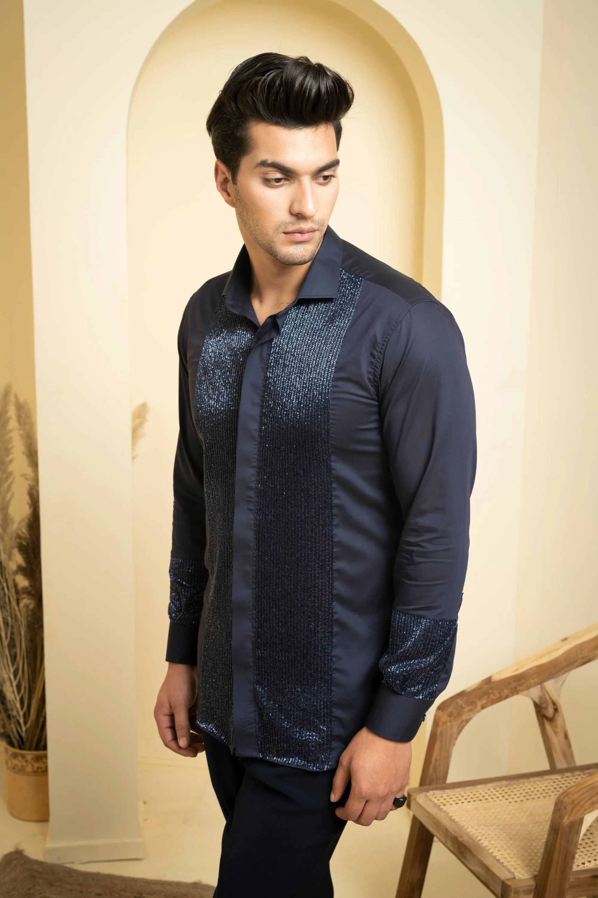 Men's Navy Blue Color Metallic Full Sleeves Shirt - Hilo Design