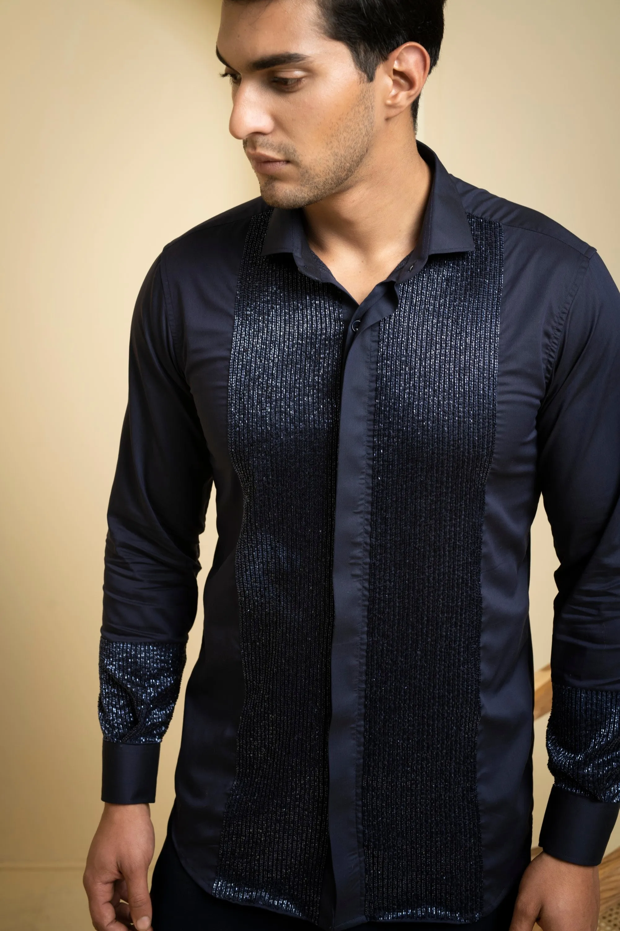 Men's Navy Blue Color Metallic Full Sleeves Shirt - Hilo Design