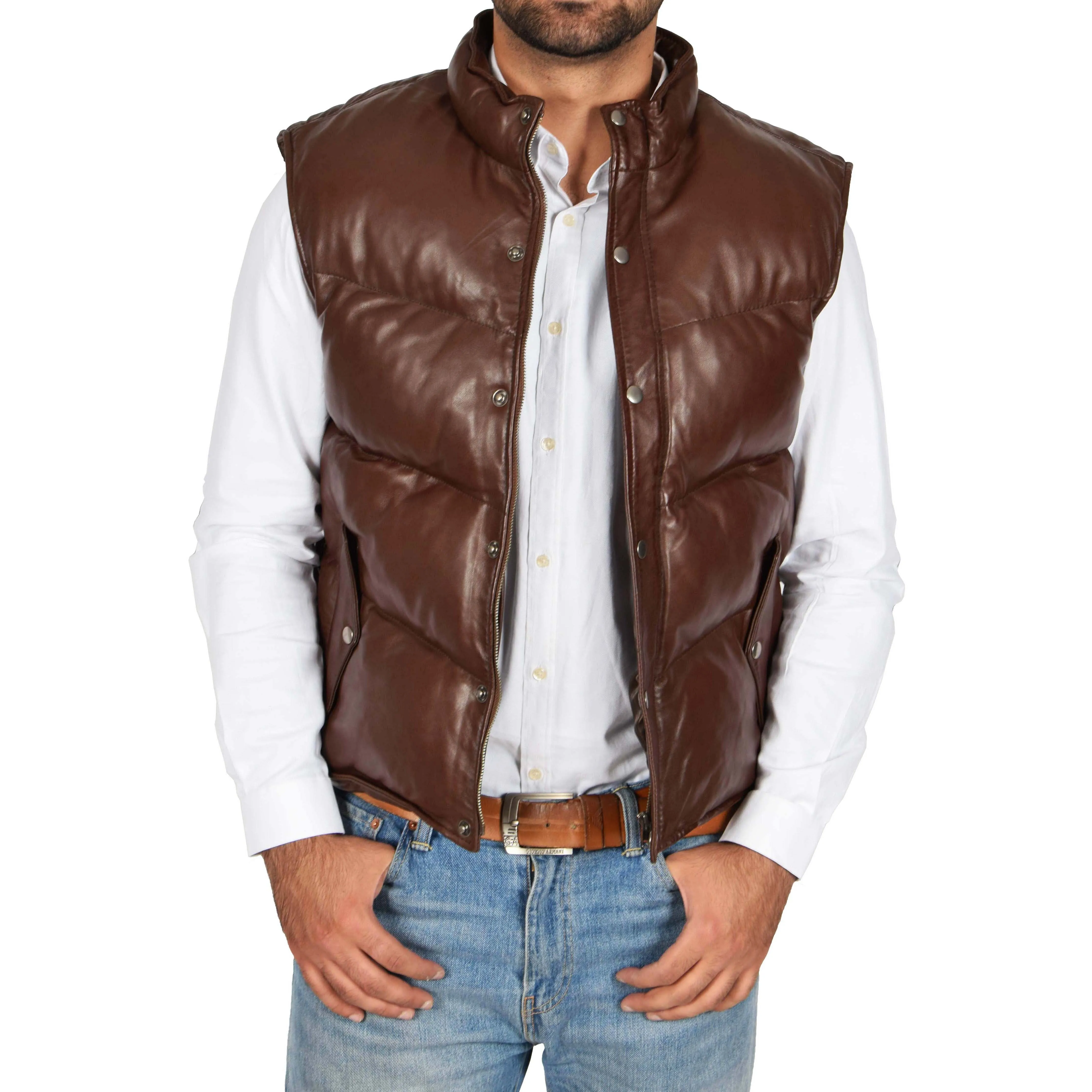 Mens Quilted Leather Waistcoat Body Warmer Gilet Jeff Brown