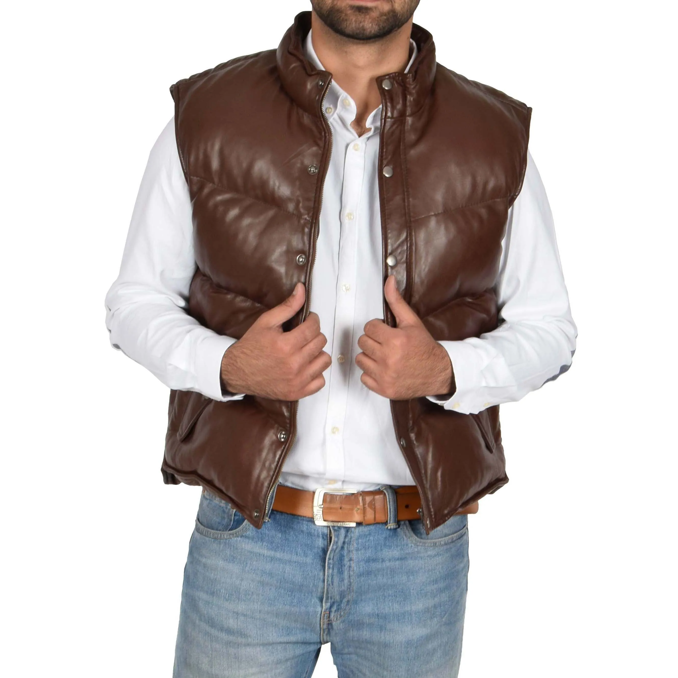 Mens Quilted Leather Waistcoat Body Warmer Gilet Jeff Brown