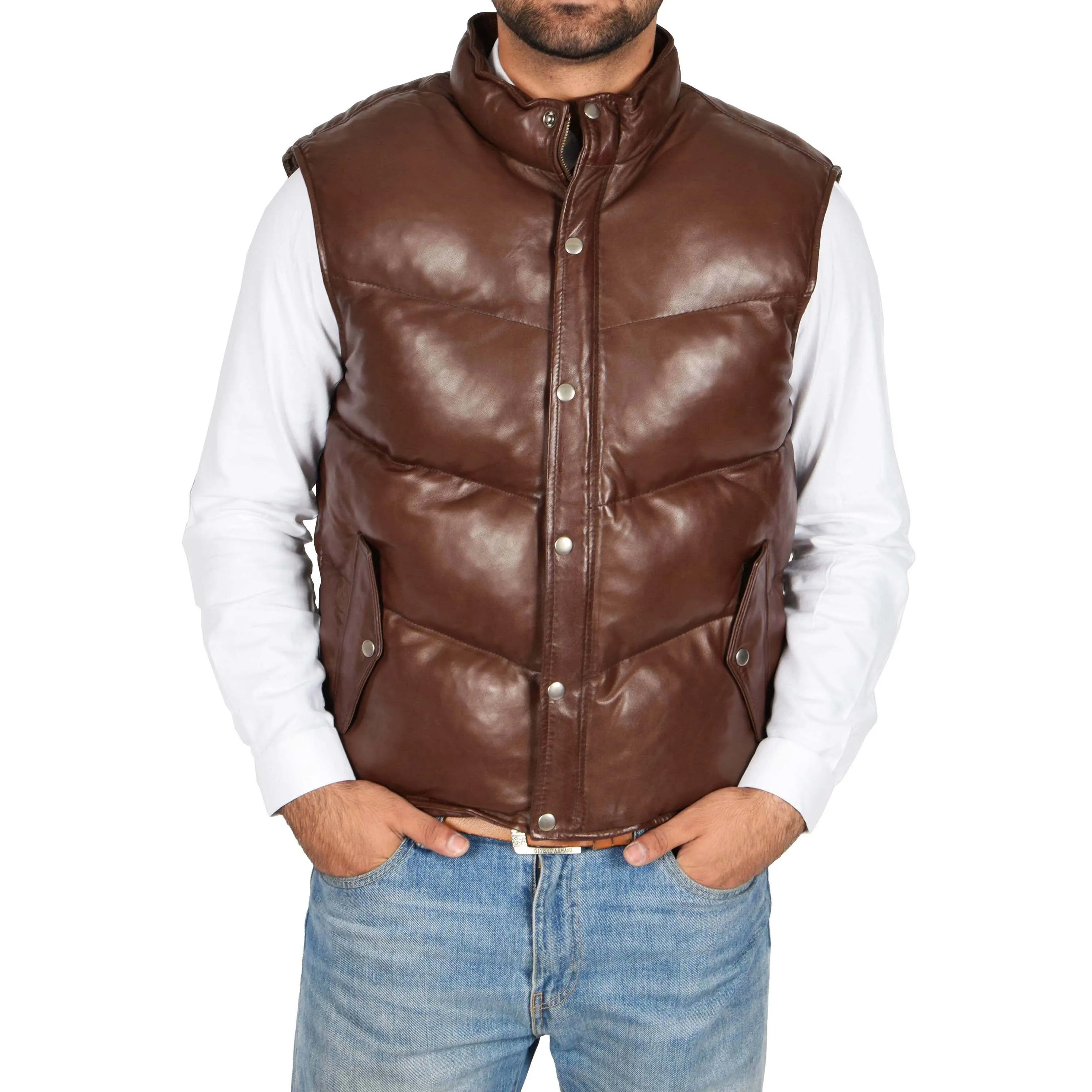 Mens Quilted Leather Waistcoat Body Warmer Gilet Jeff Brown