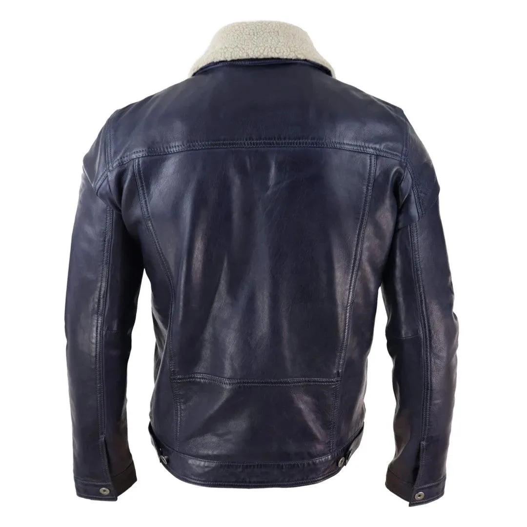 Mens Real Leather Jeans Jacket Fur Collar Retro Vintage Classic Navy Blue Casual