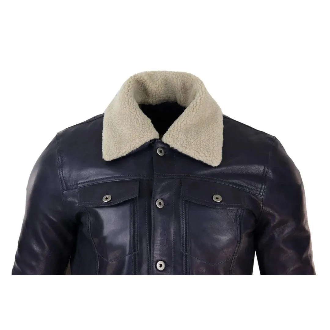 Mens Real Leather Jeans Jacket Fur Collar Retro Vintage Classic Navy Blue Casual