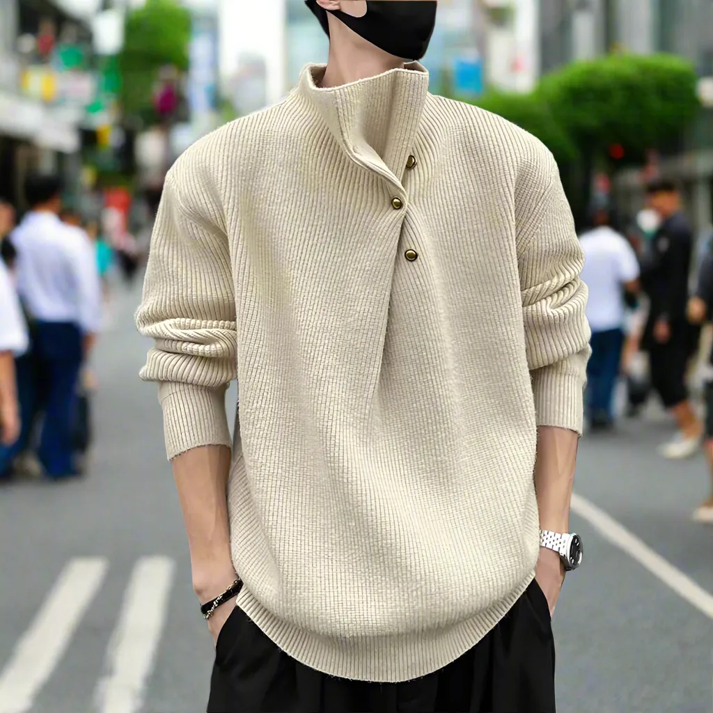 Mens Wrap Style Collar Sweater Wtih Button Details