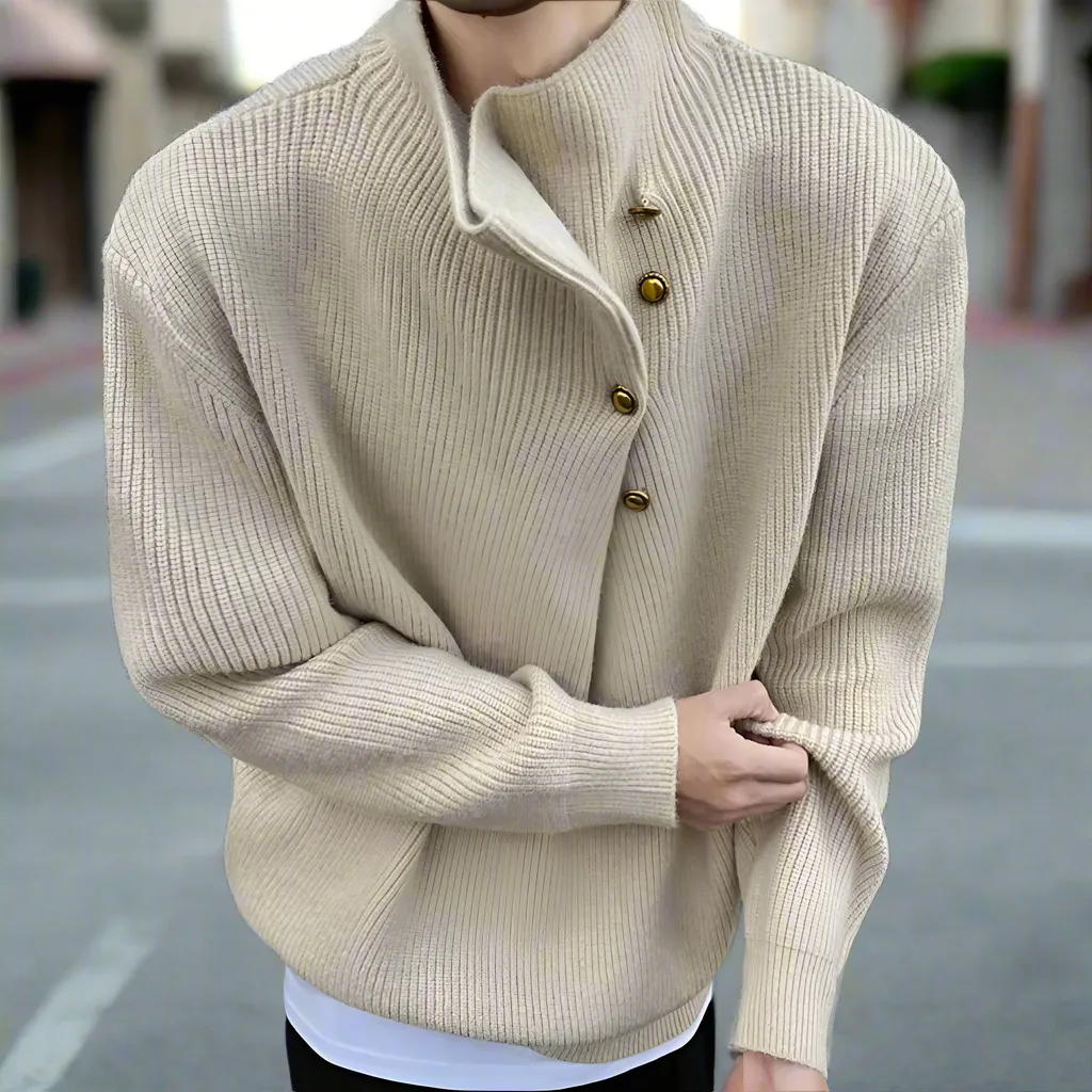 Mens Wrap Style Collar Sweater Wtih Button Details