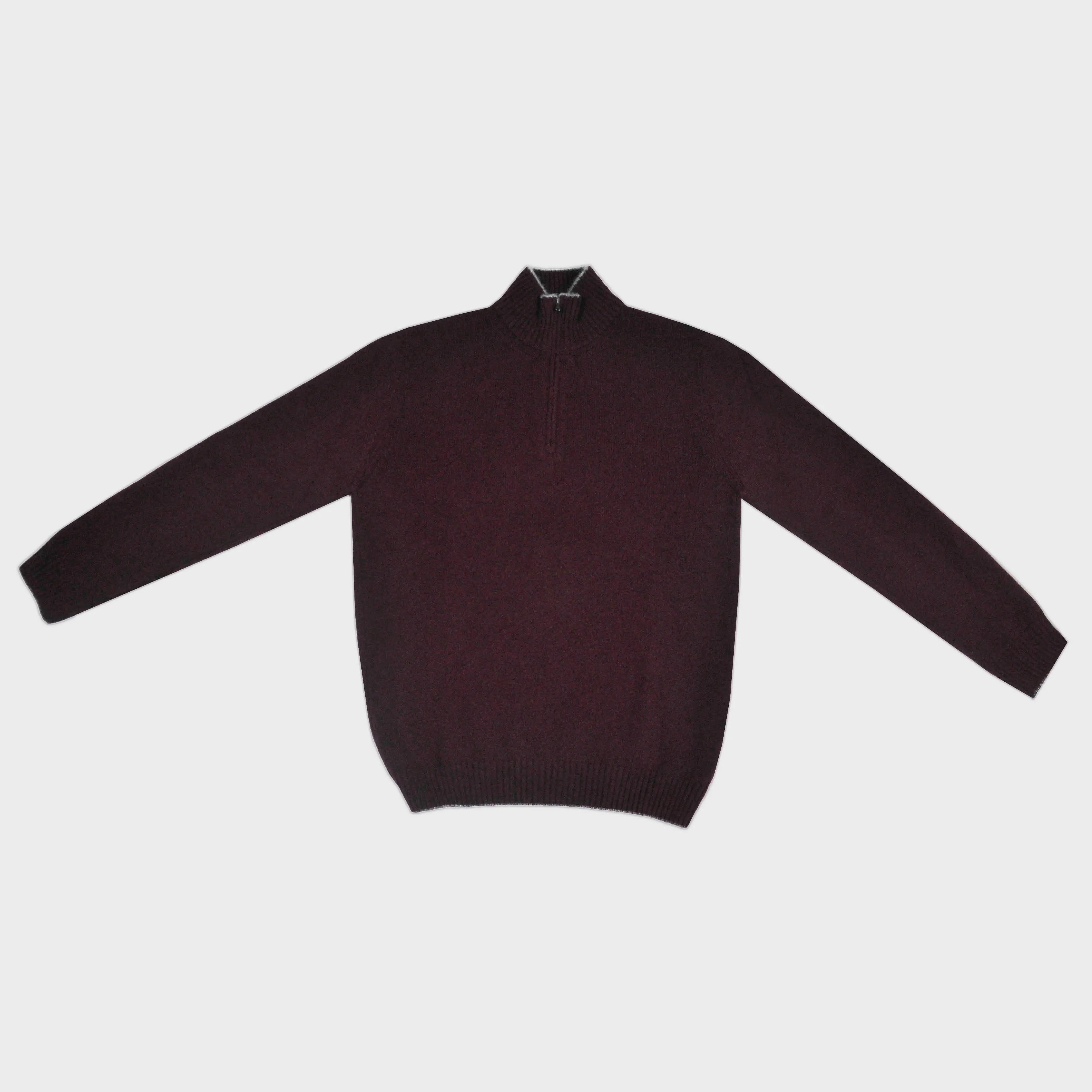 Merino Wool Quarter Zip Jumper in Dark Claret with Grey Trim