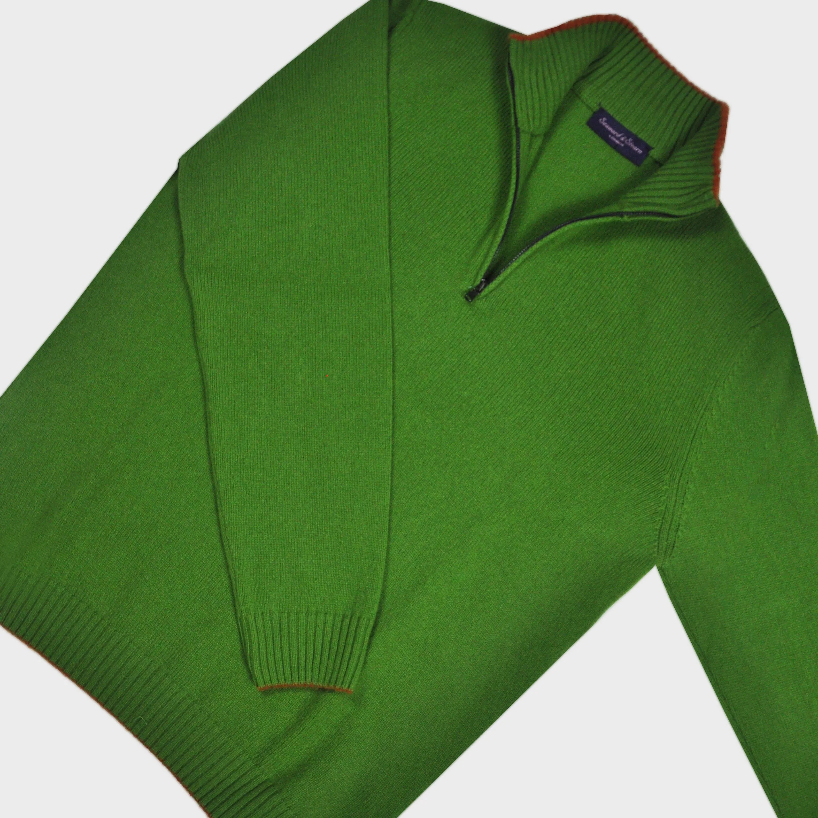 Merino Wool Quarter Zip Jumper in Green with Red Trim