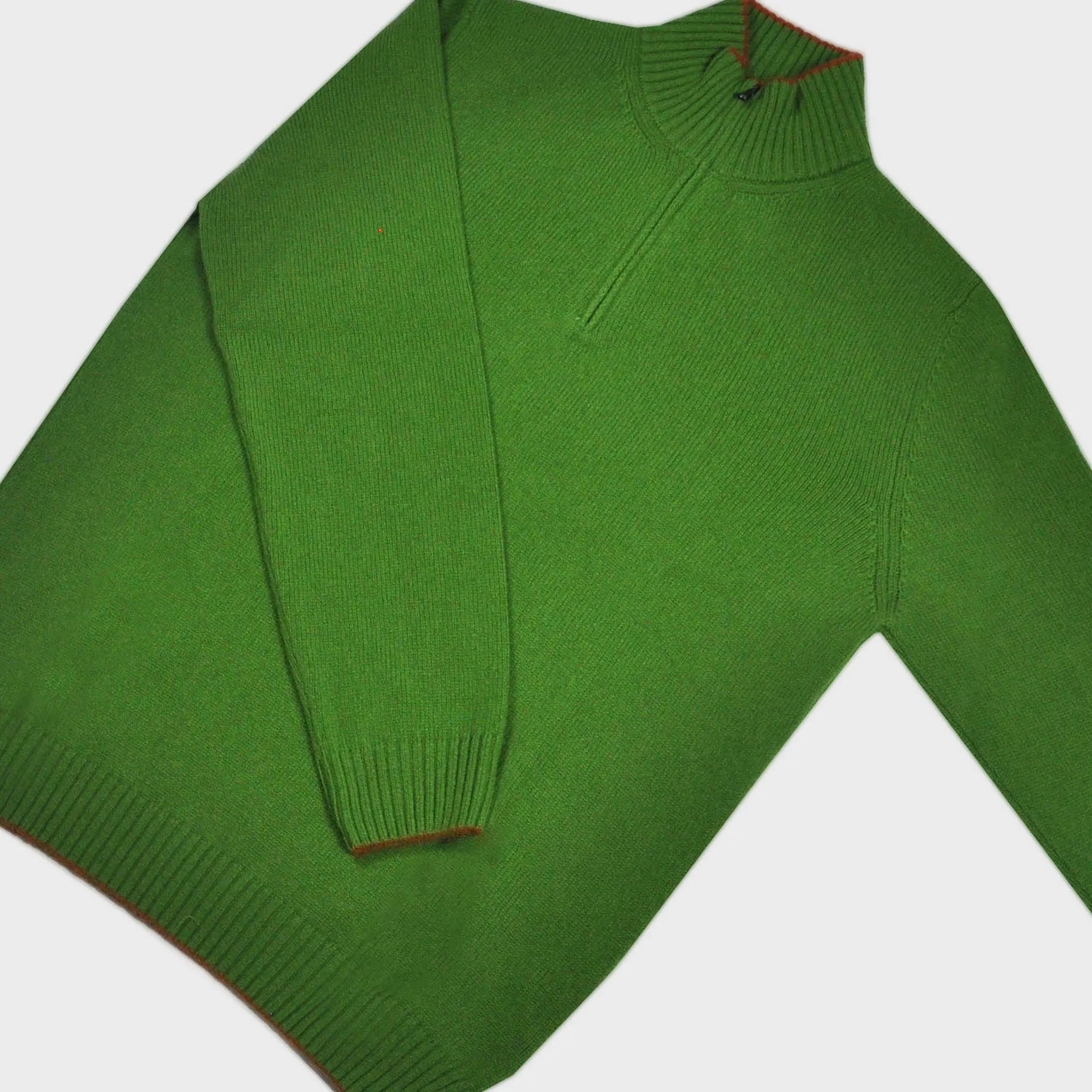 Merino Wool Quarter Zip Jumper in Green with Red Trim