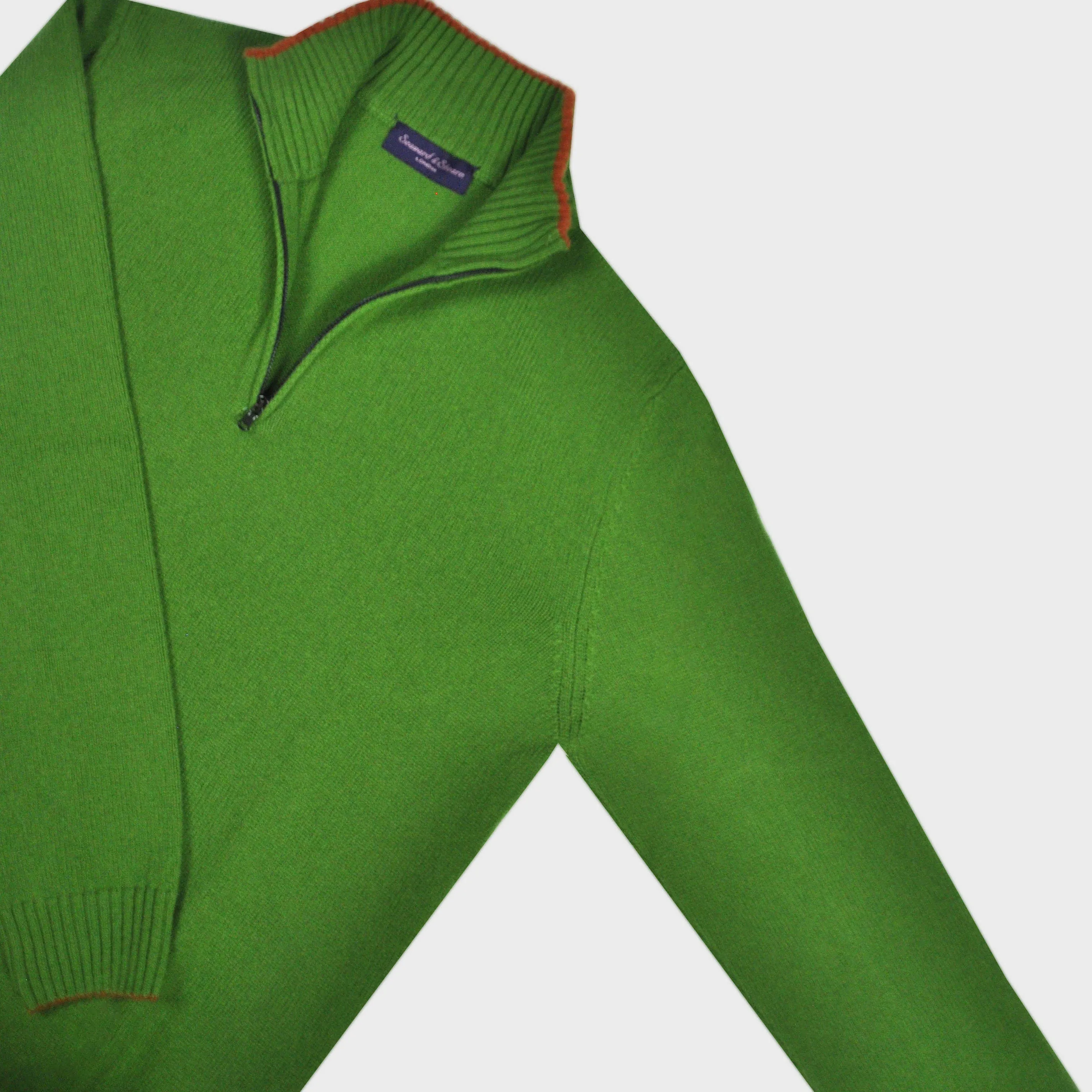 Merino Wool Quarter Zip Jumper in Green with Red Trim