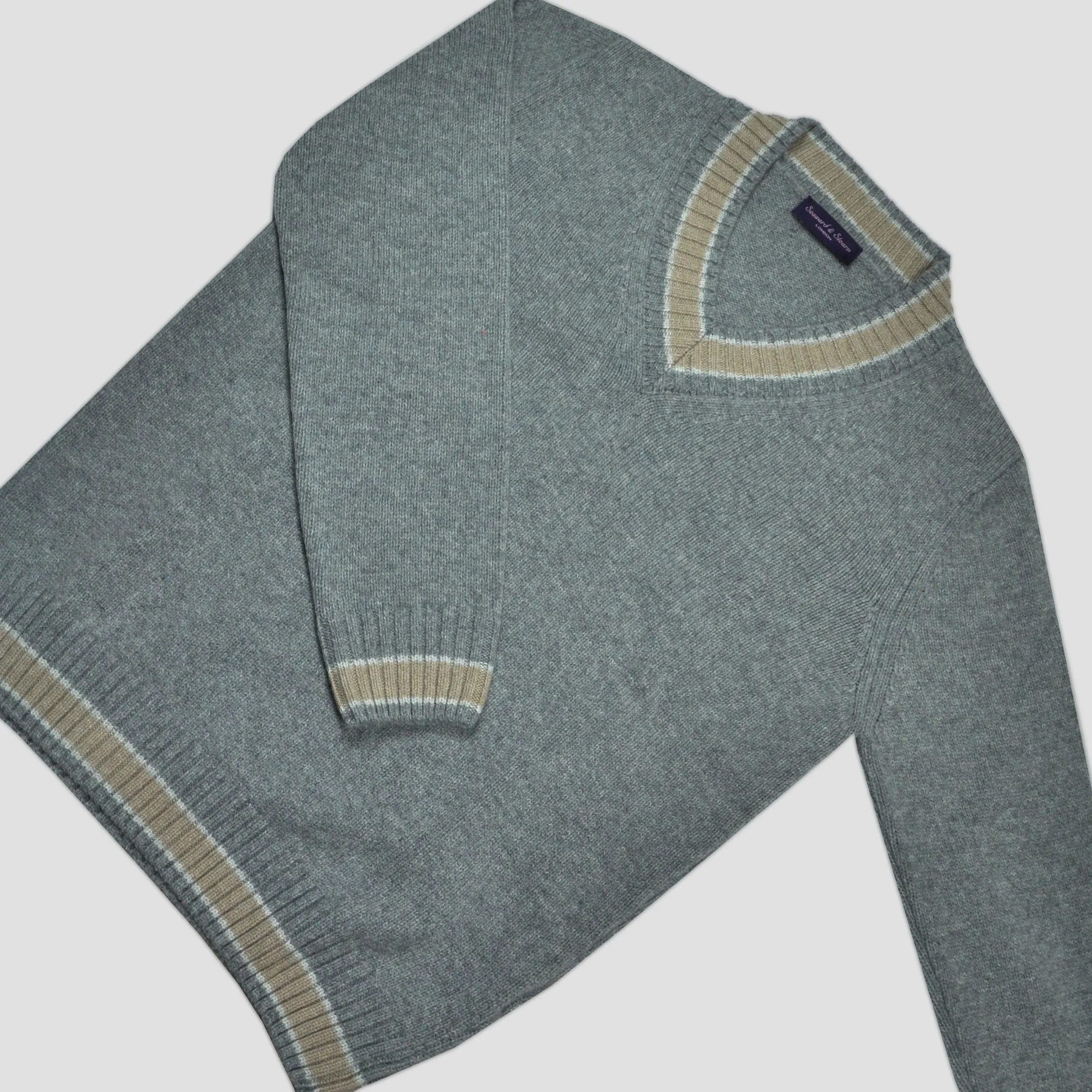 Merino Wool V-Neck Cricket Style Jumper in Grey with Beige Trim