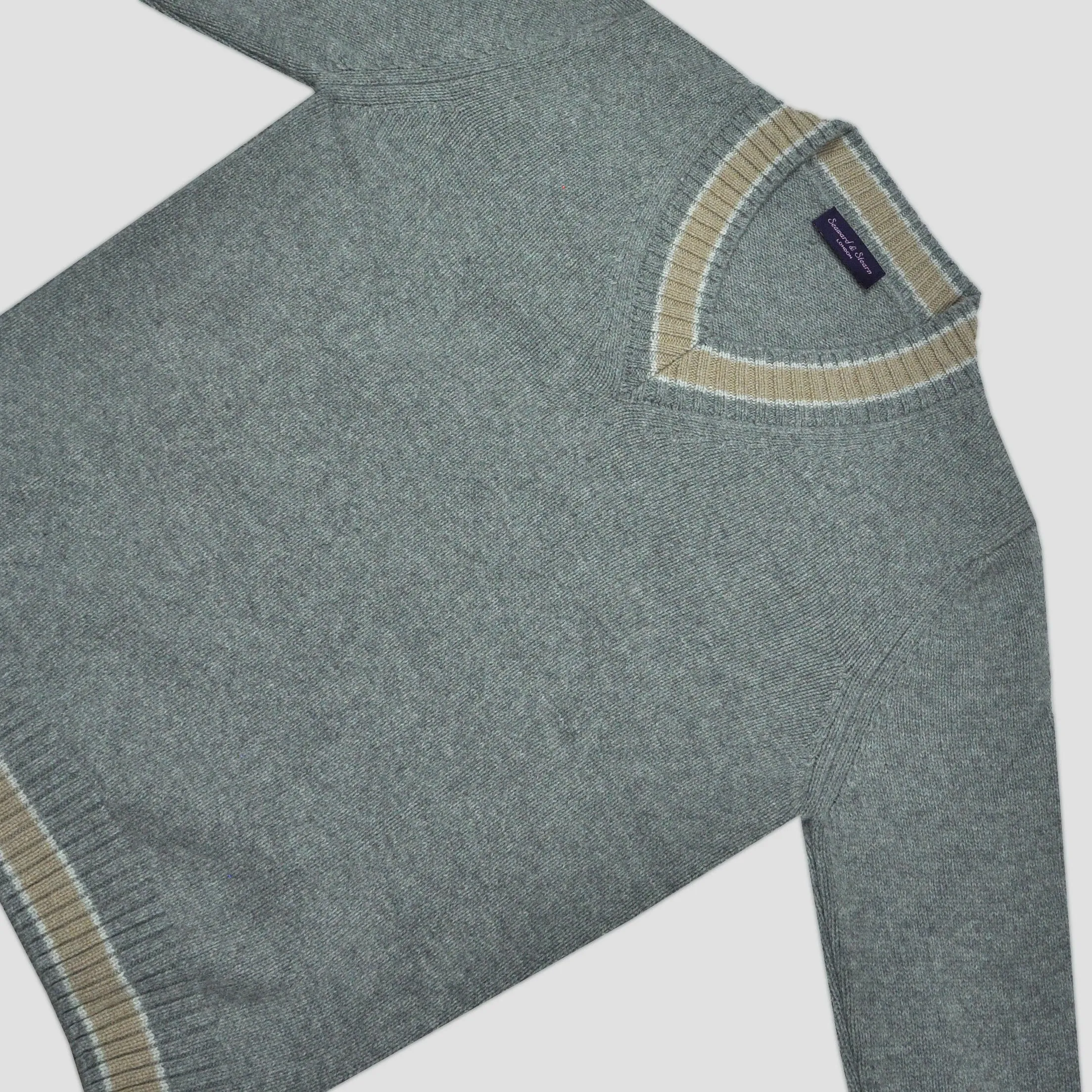 Merino Wool V-Neck Cricket Style Jumper in Grey with Beige Trim