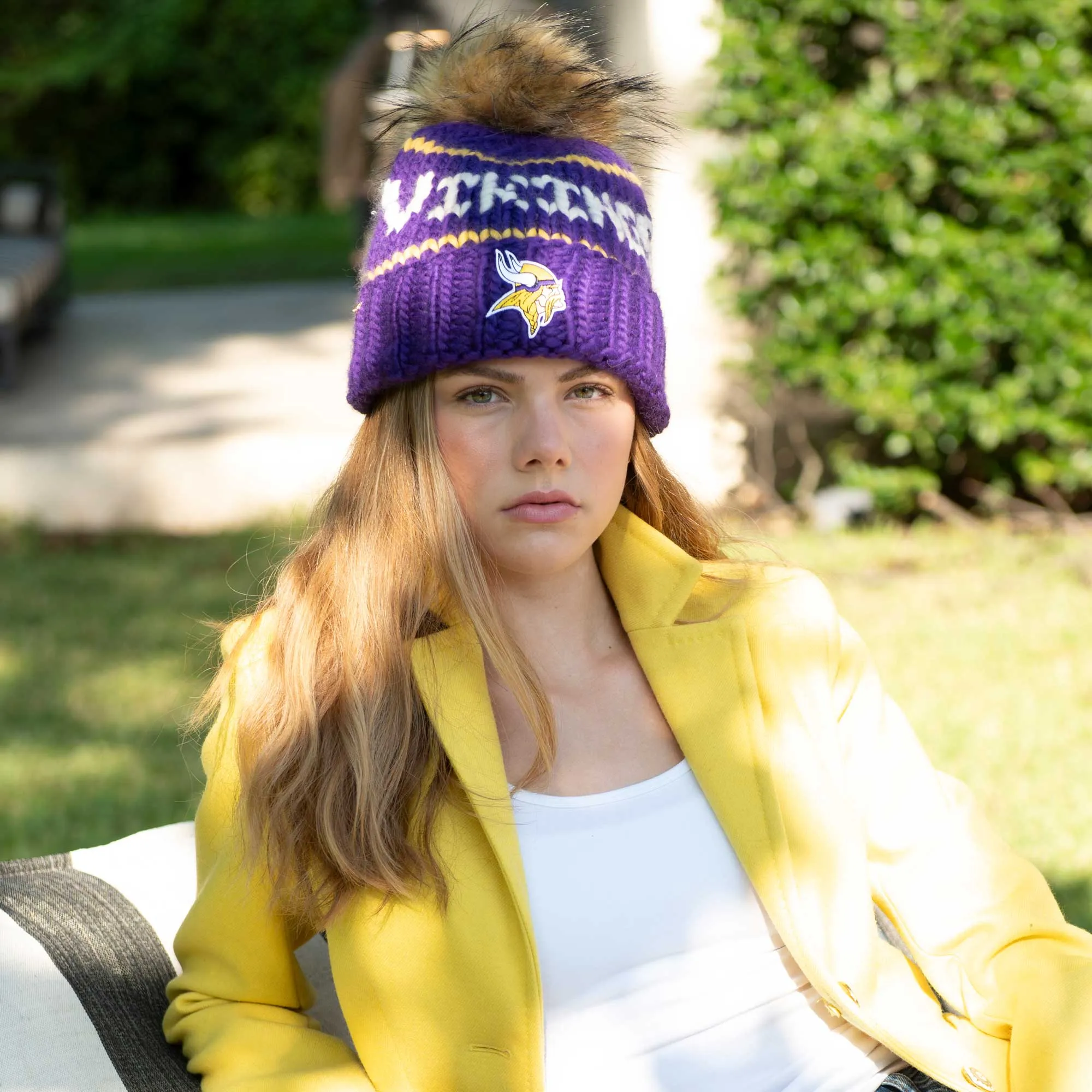 MINNESOTA VIKINGS LELE SADOUGHI X NFL PURPLE BEANIE FAUX FUR POM