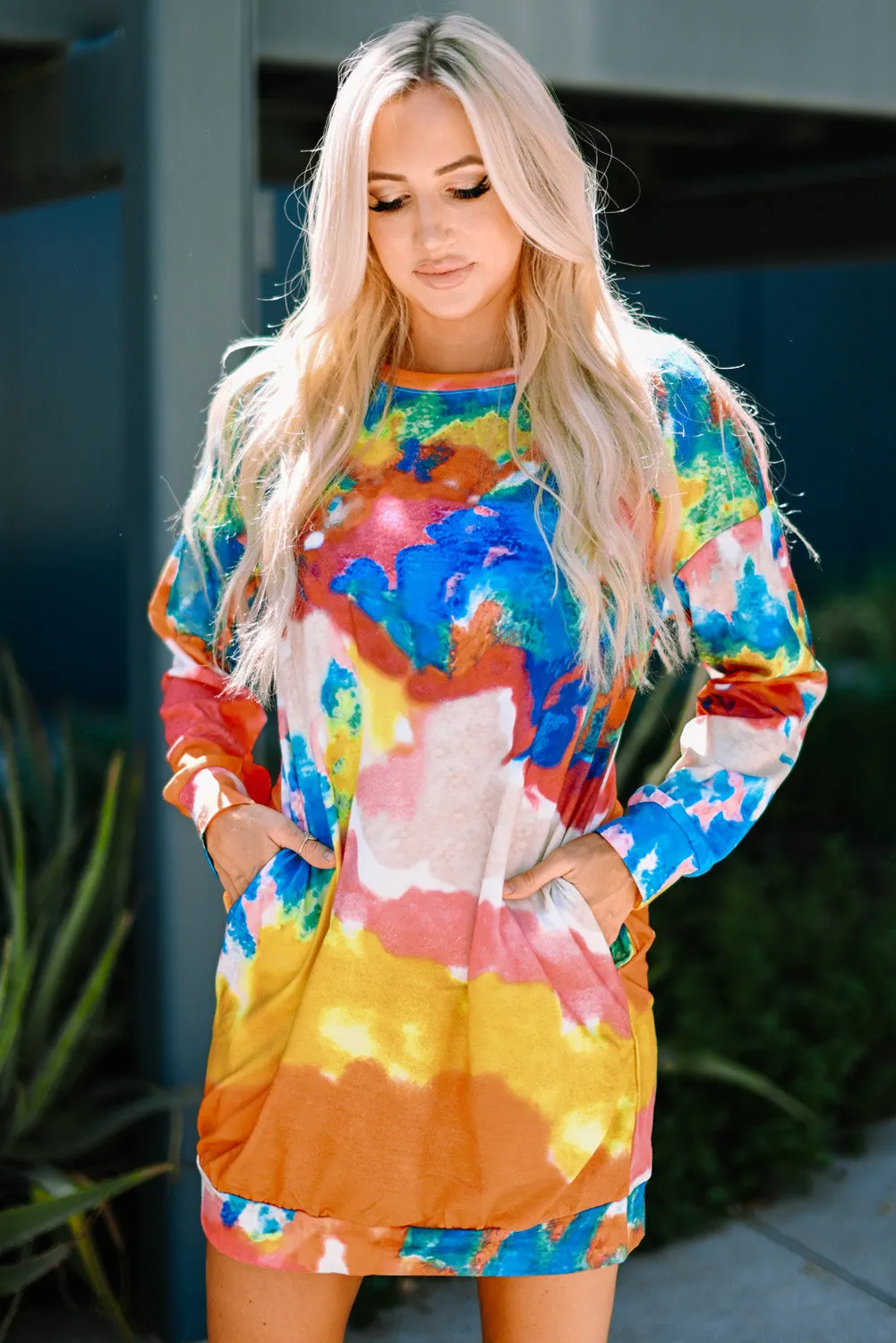 Multicolored Tie-Dye Long Sleeve Dress