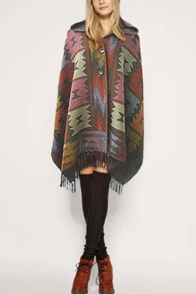 Navajo pattern hooded cape with buttons