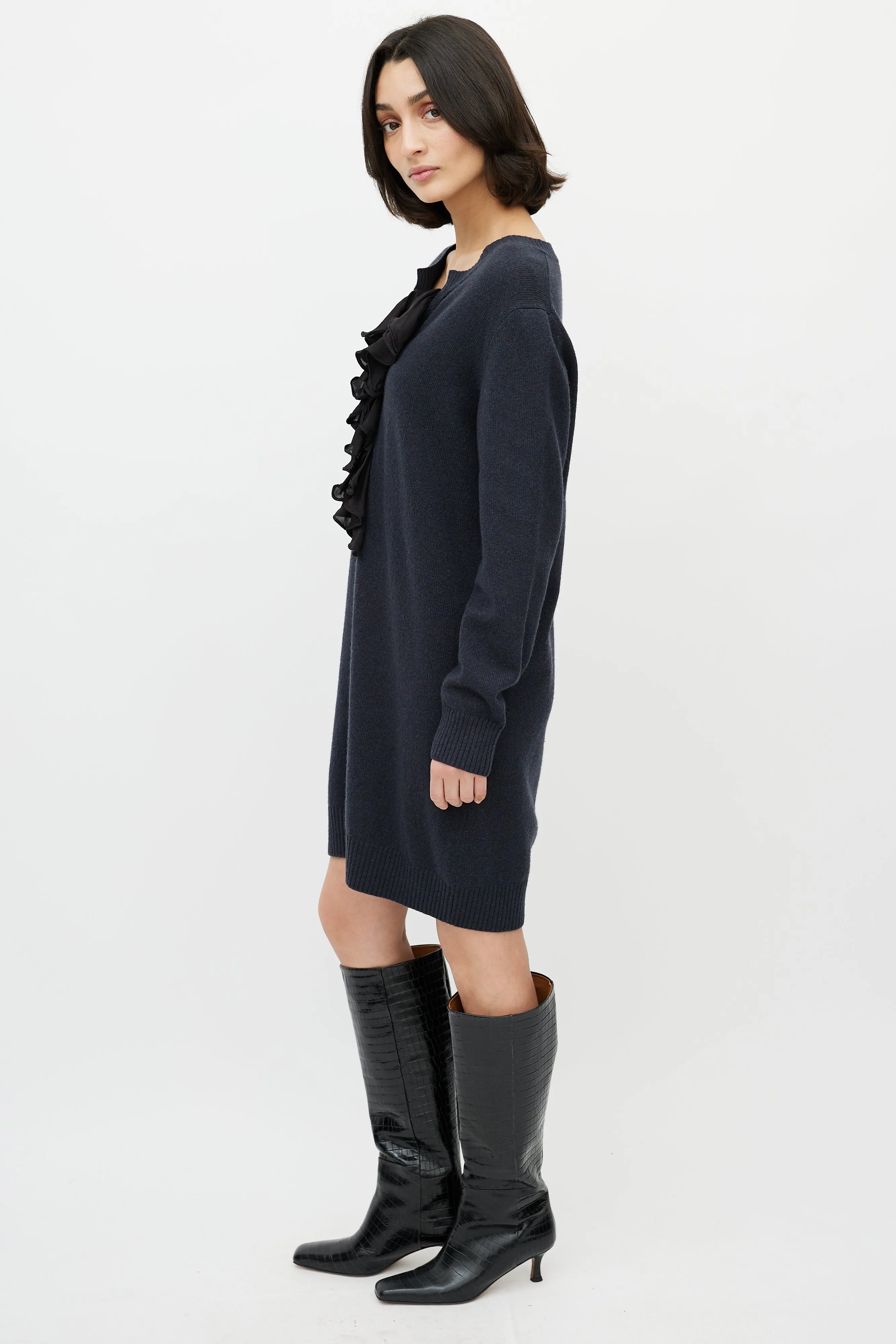 Navy Ruffled Sweater Dress